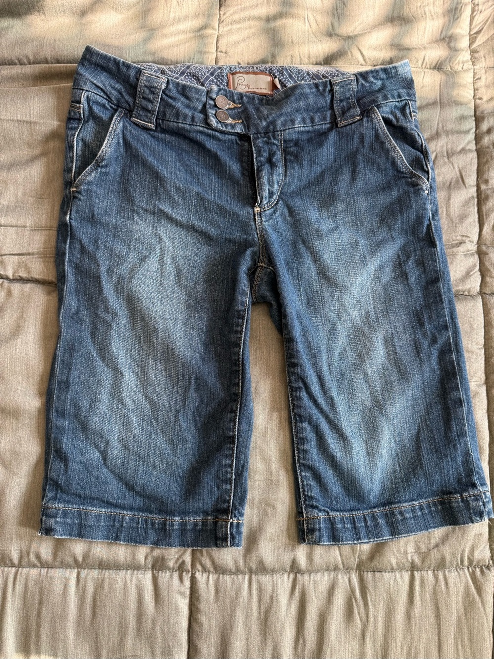 PAIGE Blue Cropped Denim Bermuda Shorts